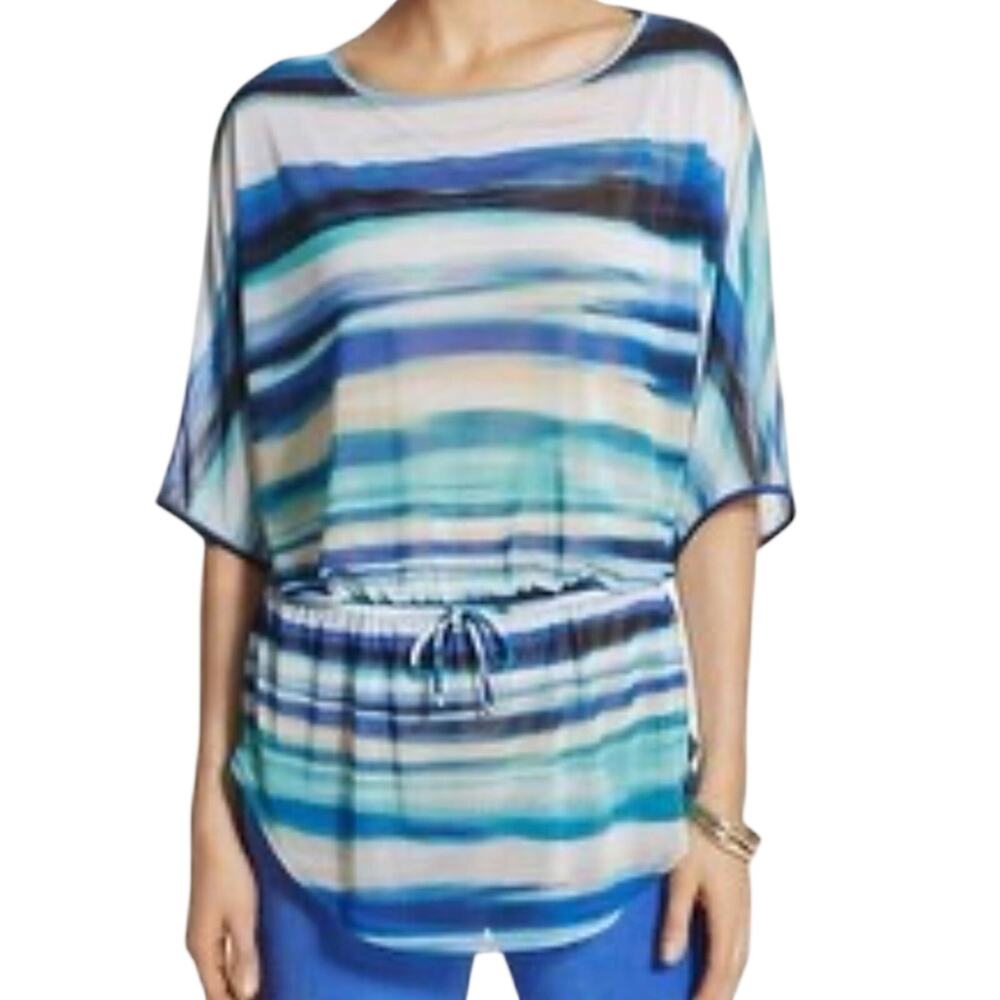 Chico's Travelers Watercolor Striped Top 1 US M 8 Sheer Dolman Drawstring Blouse